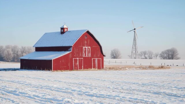 Red barn and windmill stand out against a snowy winter landscape at dawn