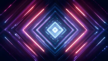 Abstract geometric tunnel of glowing neon lights with diamond shapes and futuristic sci fi ambiance