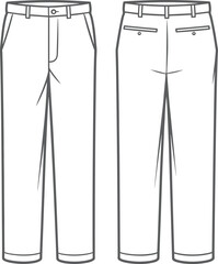 Men’s trousers technical sketch, front and back view, belt loops, welt pockets, button closure, cuffed hem, fashion design, vector line art
