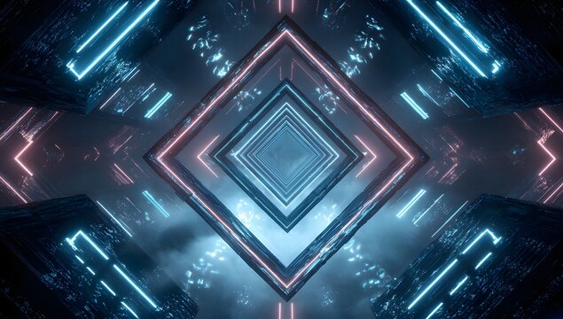 Abstract geometric tunnel with glowing neon lights in diamond shapes and futuristic architectural design