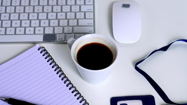 Top of view office desk atmosphere during brake isolated on white background