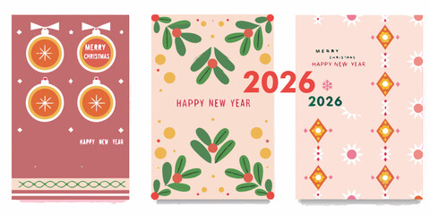 Set of three festive greeting cards celebrating merry christmas and happy new year 2026