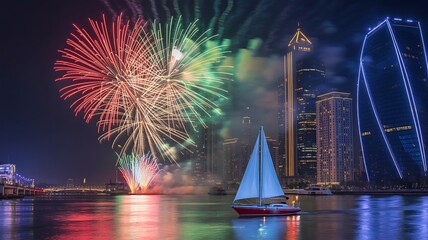 Spectacular night sky fireworks display illuminates a modern city skyline with a sailboat on the water