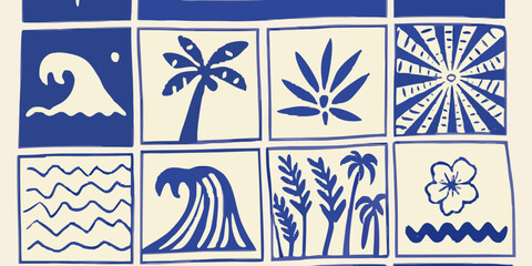 Hand drawn blue tropical motifs and waves in a grid pattern on a cream background
