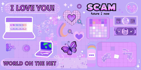 Digital world on the net with i love you and scam messages and money illustrations