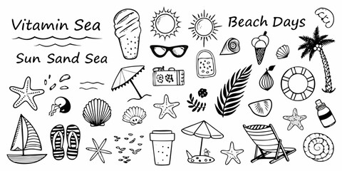 Hand drawn collection of beach vacation elements and summer holiday icons with text