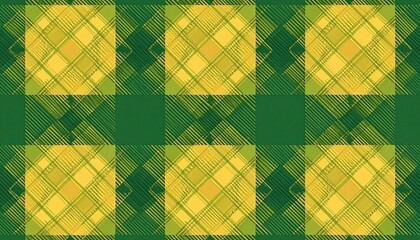 Green and yellow tartan pattern with intersecting grid lines and cultural textile symmetry.