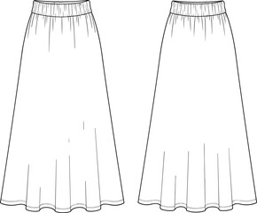Technical fashion illustration, elastic waistband skirt, flared midi silhouette, garment design sketch, sewing pattern, front view, vector drawing, apparel