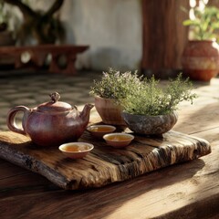 Traditional Tea Ceremony Setup with Teapot and Cups on Wooden Board