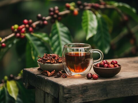 Sustainable cascara tea in a double-walled glass, surrounded by dried coffee cherry husks and fresh berries on a rustic table at a coffee farm.