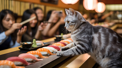 A playful cat curiously inspects a sushi platter while friends enjoy their meal in a lively restaurant. The ambiance is warm and filled with laughter.