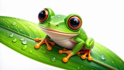 A vibrant green tree frog with large eyes perched on a leaf, showcasing water droplets.