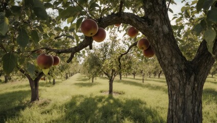 Sun-Kissed Orchard - Ripe Peaches Hanging from Tree Branches.