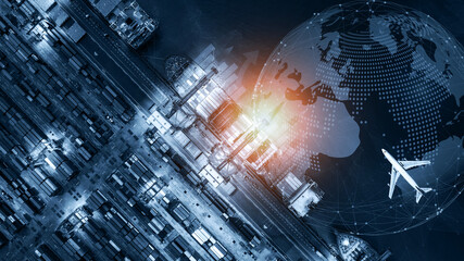 Aerial view and top view cargo plane flying above ship port coverage world map import-export...
