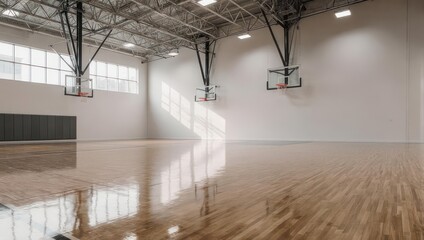 Sunlight streams into an empty modern basketball court gymnasium.