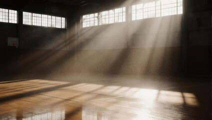 Sunlight Beams Through Warehouse Windows Illuminating Dust Particles.