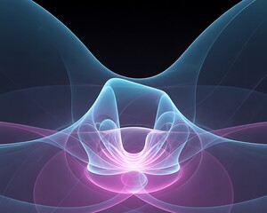 Abstract glowing fractal art with ethereal blue and pink light forming a symmetrical otherworldly and futuristic structure against a dark background