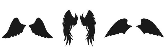 Three pairs of silhouette wings including angel wings and bat wings isolated on transparent background isolated on white background