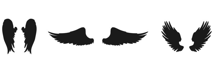 Three pairs of silhouette wings isolated on transparent background isolated on white background