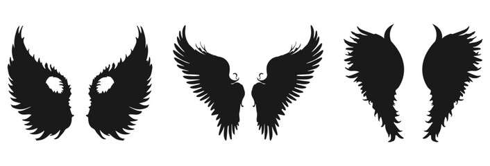 Three sets of stylized wings and angel wings isolated on transparent background isolated on white background