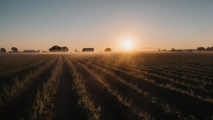 Sunrise over a cultivated field with rows of crops and distant buildings.