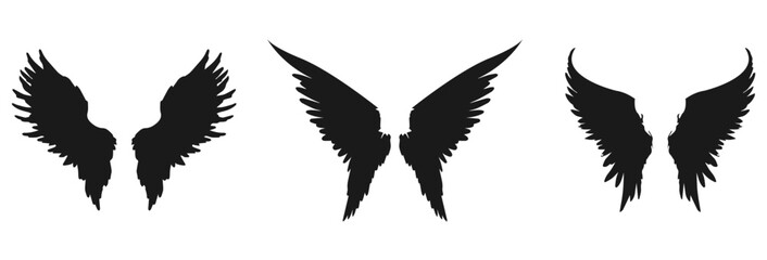 Three pairs of angel wings silhouettes isolated on transparent background isolated on white background