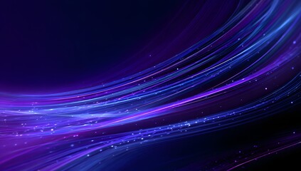 Abstract flowing luminous lines of vibrant blue and purple light create a dynamic and ethereal background effect