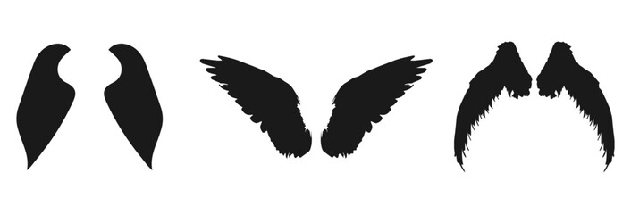 A collection of three pairs of black silhouette wings, presented as isolated objects on a clean white background. The leftmost pair are simple, elongated shapes. The middle pair are more detailed.