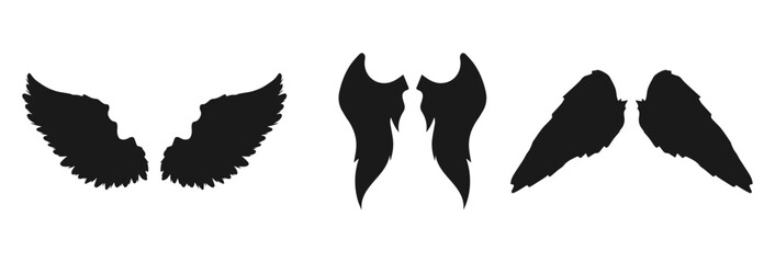 Three pairs of stylized black wings isolated on white background isolated on transparent background
