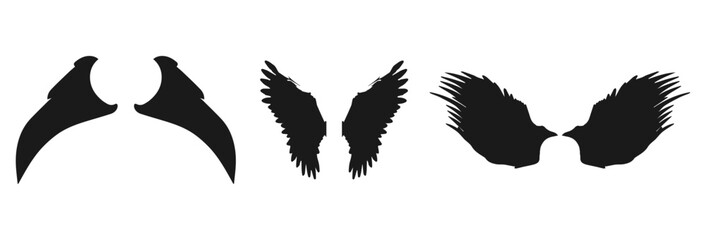A collection of three pairs of black silhouette wings, including stylized demon-like wings, feathered angel wings, and more abstract wing shapes, all isolated on a clean white background.