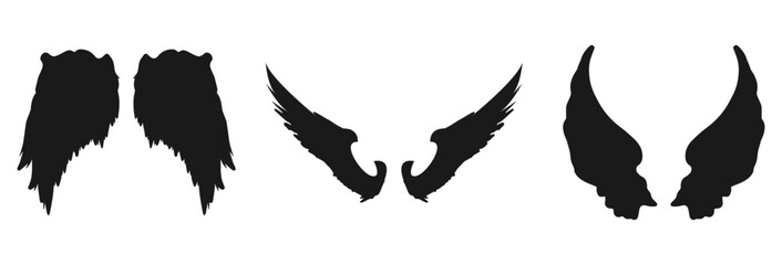 Three pairs of silhouetted wings and angel wings isolated on transparent background isolated on white background