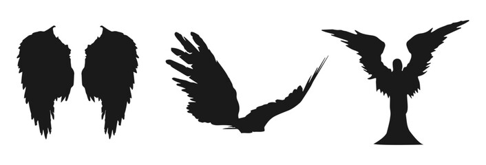 Collection of angel wings and bird wings silhouettes isolated on transparent background isolated on white background