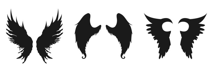 Three pairs of silhouette wings isolated on white background isolated on transparent background