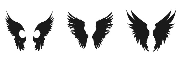 Three pairs of black silhouette wings isolated on white background isolated on transparent background