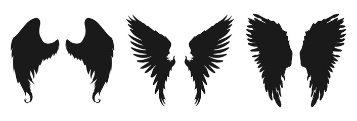 Three pairs of silhouette wings and angel wings isolated on transparent background isolated on white background