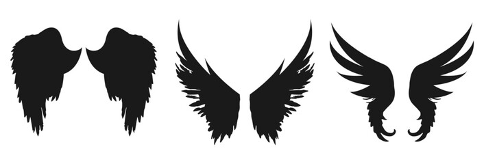Three pairs of wings and angel wings isolated on transparent background isolated on white background