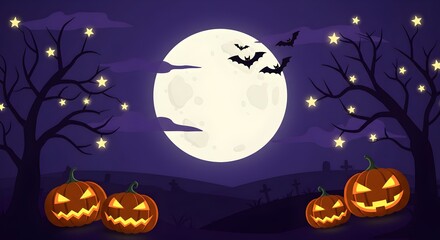 Fototapeta premium Winter purple Halloween background modern design set in paper cut style with Halloween bats, banner space for copy, spooky boo Usable for social media, wallpaper 