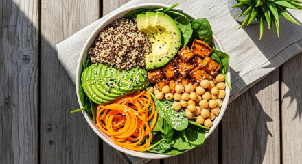 Healthy Vegan Buddha Bowl with Quinoa, Avocado, and Sweet Potato on a Wooden Table
