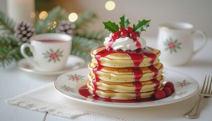 Festive Pancakes with Berry Sauce and Holly for Holiday Celebrations