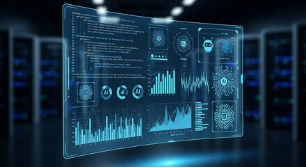 Futuristic holographic screen displaying programming code, digital analytics, and AI interface icons glowing in blue tones on a dark background. Concept of machine learning and software development, n