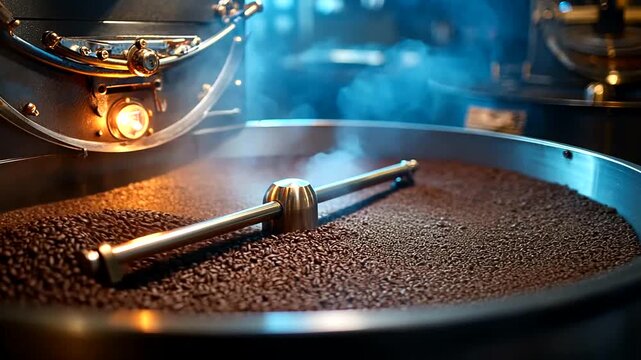 Coffee roasting process in a professional roaster with fresh coffee beans