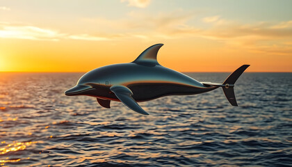 Fototapeta premium Hybrid dolphin-drone flying over futuristic ocean, sunset light reflecting off metallic body.