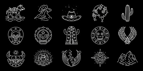 Collection of stylized white line art icons representing mexican culture and desert elements on a black background