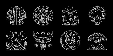 Collection of western and native american inspired line art icons on black background