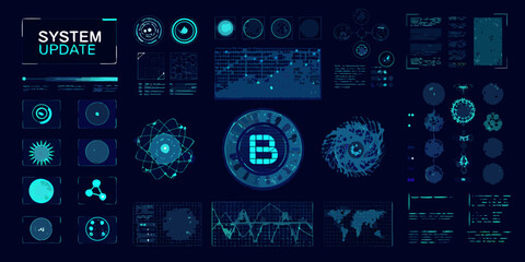 Futuristic digital interface displaying system update with various data visualizations and scientific icons