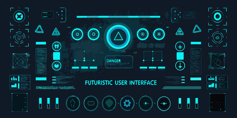 Futuristic user interface with digital displays and danger warning symbols on dark background