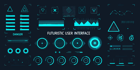 Futuristic user interface elements and data displays in glowing cyan on a dark background