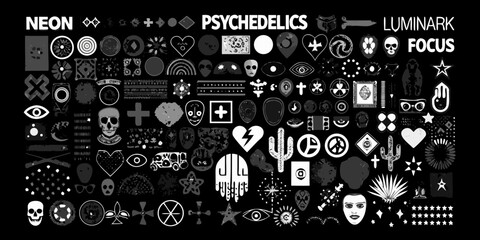 A large collection of abstract and symbolic graphic elements in grayscale for design projects