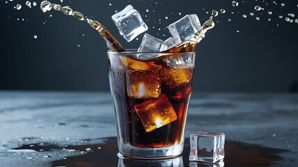 Dynamic close up captures a refreshing cola drink with ice cubes splashing dramatically in a tall glass against a dark background
