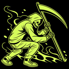 Grim reaper holding scythe with burning fire graphic illustration for halloween designs or edgy apparel brands, perfect for dark humor marketing campaigns
